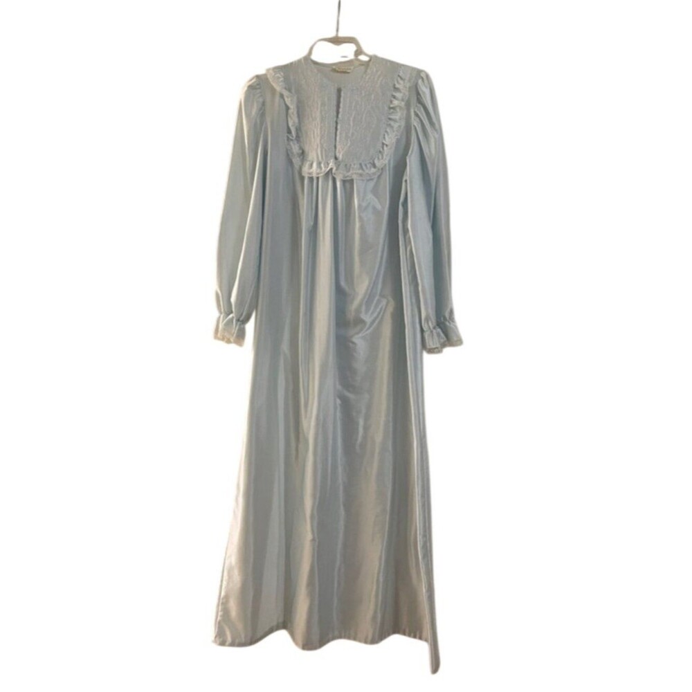 Vintage Elissia Ice Blue Satin Maxi Nightgown Embroidered Floral Bib Size M